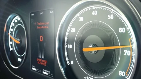 Dangerous fast driving, speedometer of speeding car, sports race, launch control Stock Footage