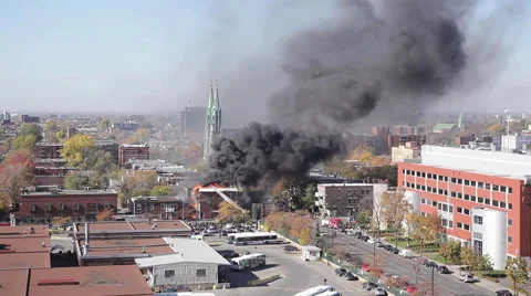 Dangerous Fire Burning Building In Town Cityscape Dark Smoke Pollution Stock Footage
