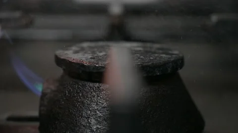 Dangerous flames on burner pilot light gas kitchen Stock Footage 141615318