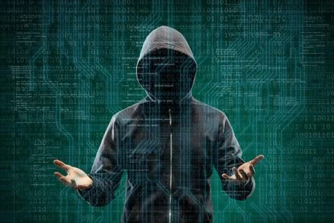 Dangerous hacker over abstract digital background with binary code. Obscured Stock Photos