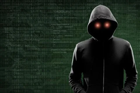 Dangerous hacker over abstract digital background with binary code. Obscured Stock Photos