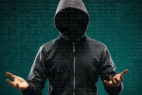 Dangerous hacker over abstract digital background with binary code. Obscured Foto stock