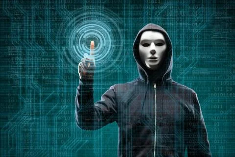 Dangerous hacker over abstract digital background with binary code. Obscured Stock Photos