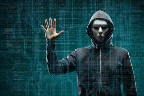 Dangerous hacker over abstract digital background with binary code. Obscured Stock Photos