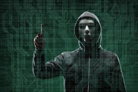 Dangerous hacker over abstract digital background with binary code. Obscured Stock Photos