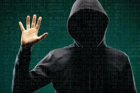 Dangerous hacker over abstract digital background with binary code. Obscured Stock Photos