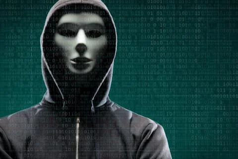 Dangerous hacker over abstract digital background with binary code. Obscured Foto stock