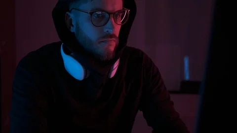 Dangerous hacker working on computer typing code keyboard. Cyber attack. Closeup Video stock 126551653