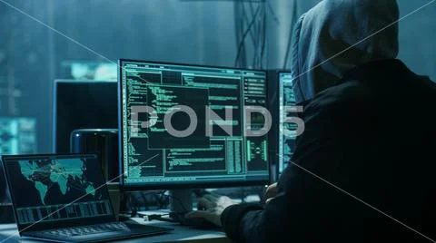 Dangerous Hooded Hacker Breaks into Government Data Servers and Infects Their Stock Photos