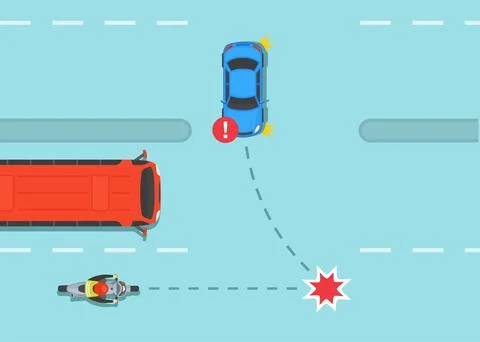 Dangerous left turn in front of hidden motorcycle. Car and motorcycle collision. Stock Illustration