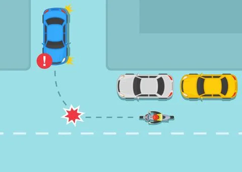 Dangerous left turn in front of hidden motorcycle. Traffic regulation. Stock Illustration