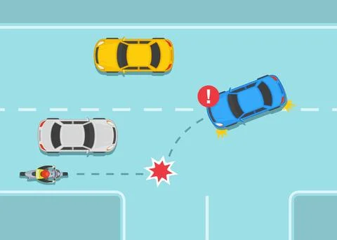 Dangerous left turn in front of motorcycle. Traffic regulation on junction. Stock Illustration