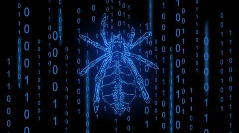 Dangerous low poly spider over hanging rows of binary code in matrix style Stock Illustration