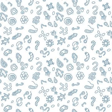 Dangerous Microbes and Bacteria vector concept line seamless pattern Illustrazione stock