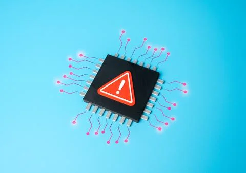 Dangerous microchip. Microchip with a critical error or defect. Cybersecurity Stock-Fotos