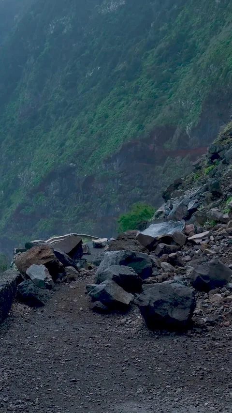 Dangerous mountain road collapsed after a major landslide Vídeos de archivo 334439625