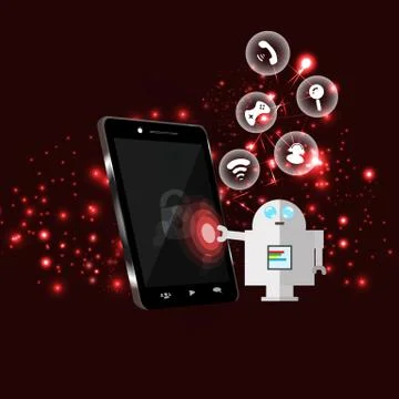 Dangerous robot hacking phone network system symbol digital technology Stock Illustration