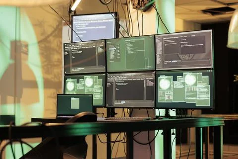 Dangerous software script running on multiple monitors Stock Photos