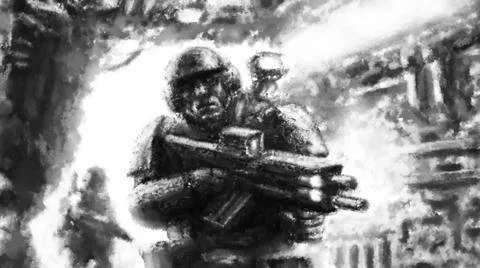 Dangerous soldier attacking with a machine gun in his hands. Stock Illustration