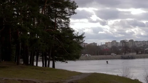 Dangerous thin ice, people risk fishing from the ice. Stock Footage 170665653