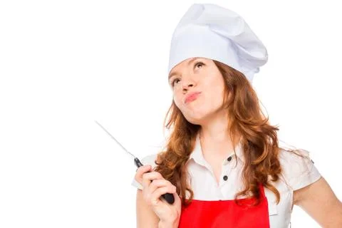 Dangerous thoughtful chef with a sharp knife isolated Stock Photos