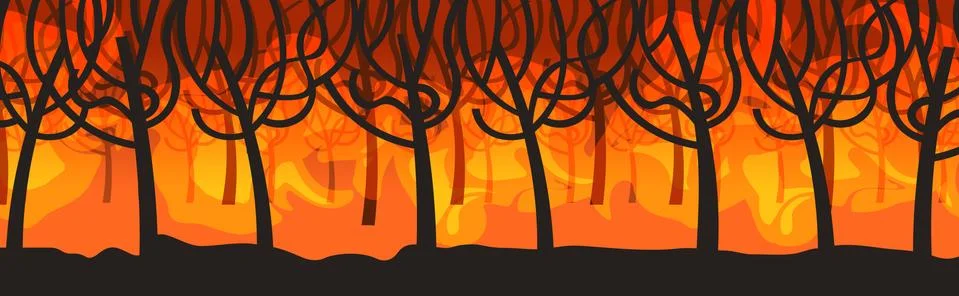 Dangerous wildfire bush fire development dry woods burning trees global warming Illustrazione stock