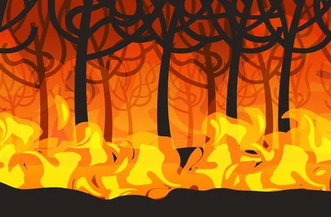 Dangerous wildfire bush fire development dry woods burning trees global warming Stock-Illustration