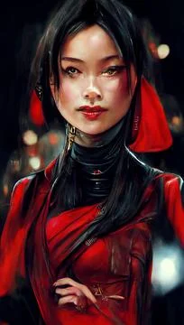 Dangerously mysterious Asian girl in red and black clothing. A woman with long Stock Illustration