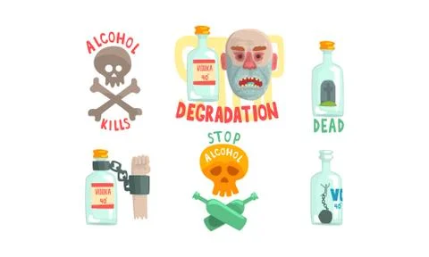 Dangers of Drinking Alcohol Illustrated Vector Set Stock Illustration