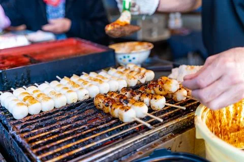 Dango is a Japanese dumpling made with regular rice flour with sauce Fotos Stock