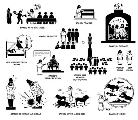 Daniel Biblical figure in the Book of Daniel. Vector illustration depicts sto Stock Illustration