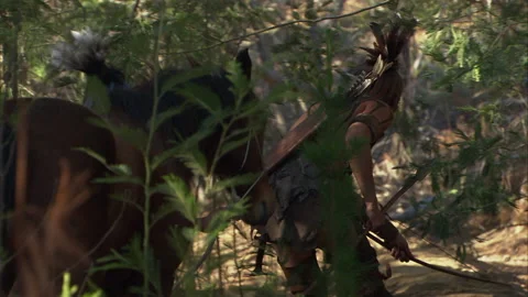 Daniel Boone followed by Native Americans in forest, 1775 - Reenactment Vidéo 202893791