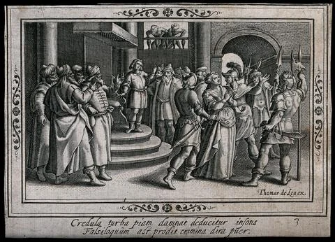 Daniel calls for the cross-examination of the elders who harassed Susanna. .. Stock Illustration