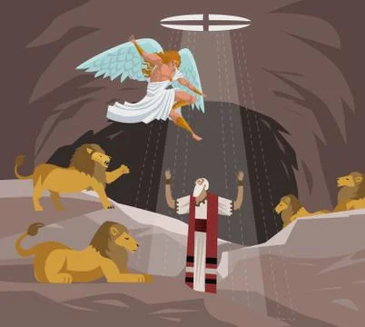 Daniel in the lions den pit saved by god old testament tale Stock Illustration