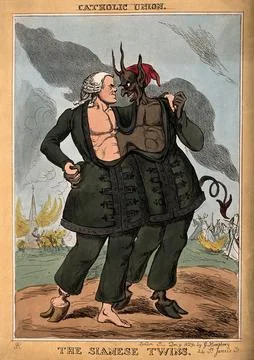 Daniel O'Connell and the devil represented as the Siamese twins joined at t.. Illustrazione stock