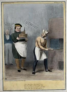 Daniel O'Connell as a baker holds a cake inscribed "Irish tithes" and "Iris.. Stock Illustration