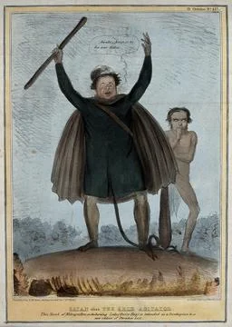 Daniel O'Connell transmuted into the form of Satan stands arms aloft with S.. Stock Illustration