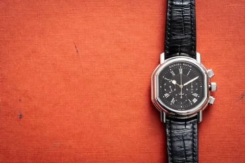 Daniel Roth Chronograph, Master Chronograph model. Steel case watch and bla.. Stock Photos