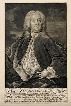 Daniel Wilhelm Triller. Line engraving by C. Fritzsch, 1759, after F. Lippold Stock Illustration