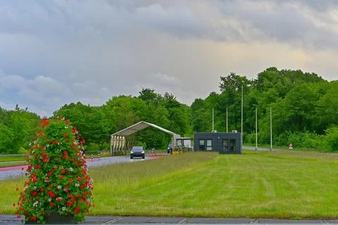 Danish Border Control with Car Checkpoint with view from Denmark at EU Germ.. Stock Photos