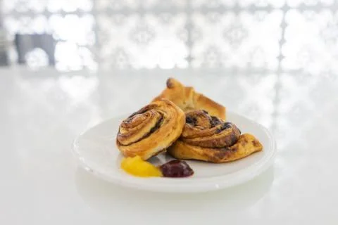 Danish bread and breakfast set. white background. Stock Photos
