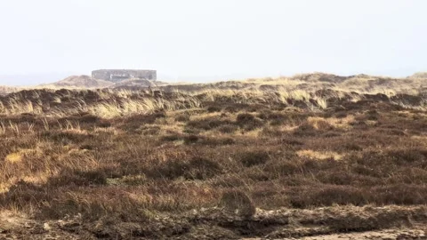 Danish coastline featuring old war bunker on a windy day Video stock 339437476