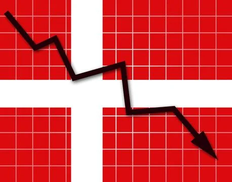 The Danish flag and arrow graph going down Stock Illustration