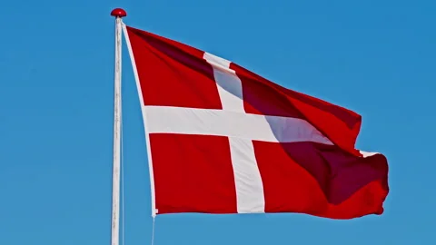 Danish flag flutters in the wind against the background of the blue sky in the Stock Footage 317999696