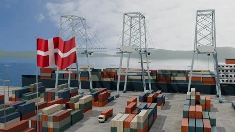 Danish Flag Flying Over Container Port Terminal Cranes seamless loop Видео 345508421