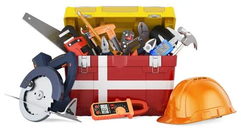 Danish flag painted on the toolbox. Service, repair and construction in De... Stock Photos