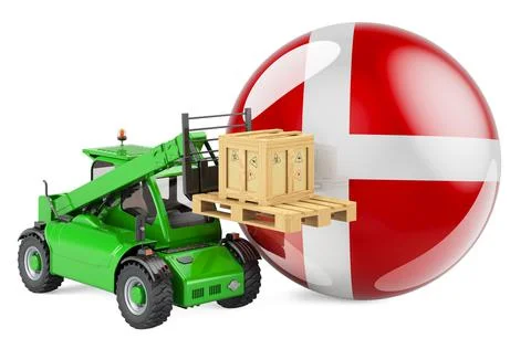 Danish flag with telescopic handler truck and parcel. Cargo shipping in Denma Illustrazione stock