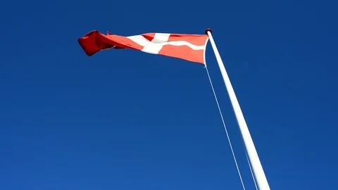 The Danish flags blows in the wind and the sky is clear blue Stock Footage 98102828