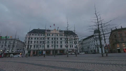 Danish flags flutter atop the grand neoclassical facade of the luxury Hotel Video stock 335242300