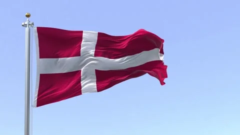 Danish National Flag Waving on Flagpole with Clear Blue Sky Background Stock Footage 326661153